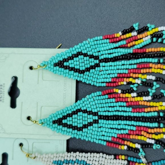 NWT Handmade Diamond Aztec Seedbead Tassel Dangle Earrings Plated 2 Choices - Picture 3 of 10